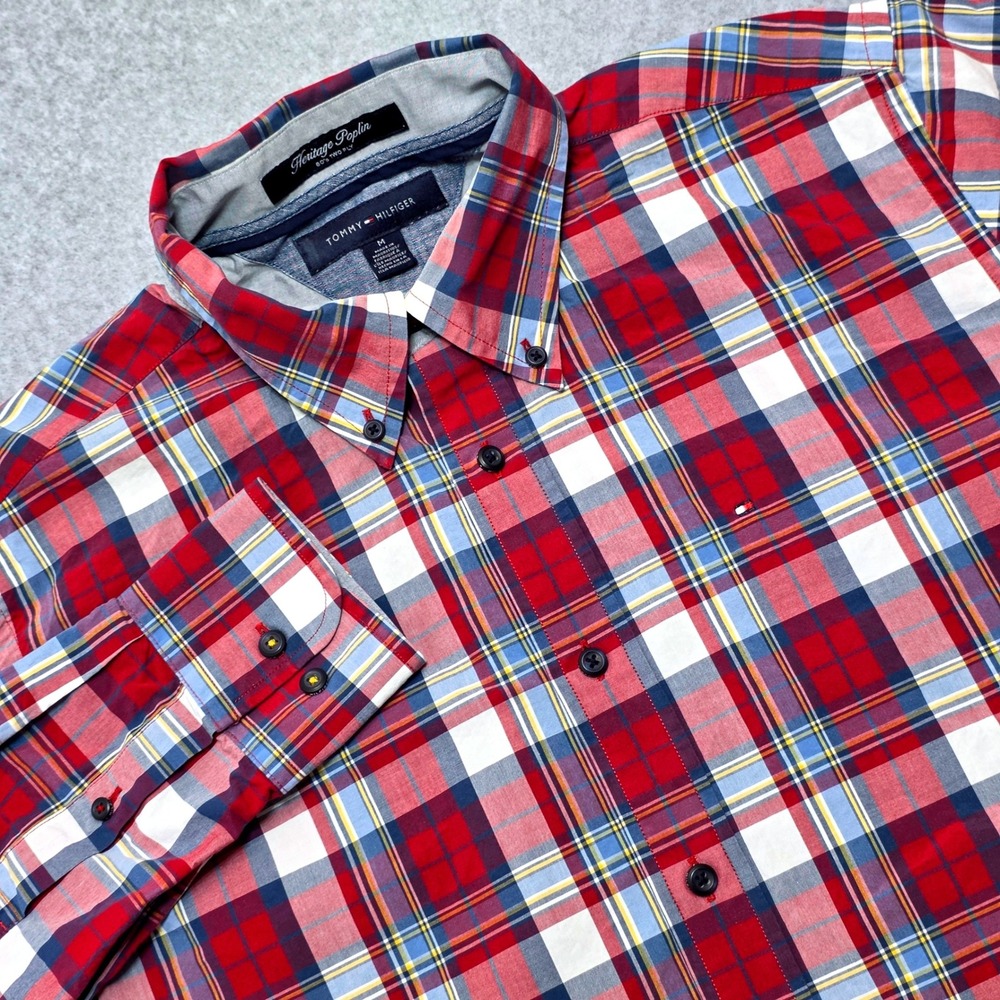 Tommy Hilfiger Men's Medium Heritage Poplin Red Plaid Button Down 2-Ply Shirt